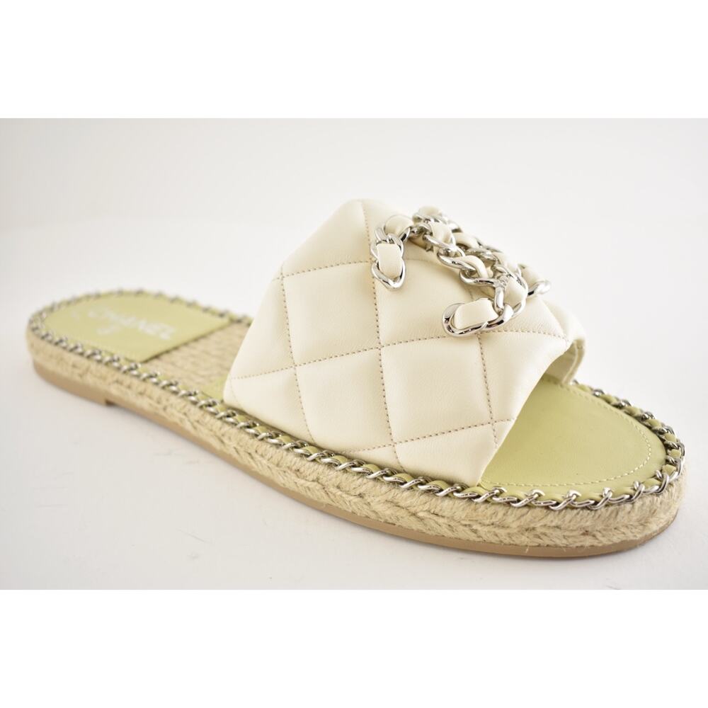 Chanel 25P Ivory Quilted Leather Chain CC Logo Slide Sandal Espadrille Flat 41 - Picture 7 of 16